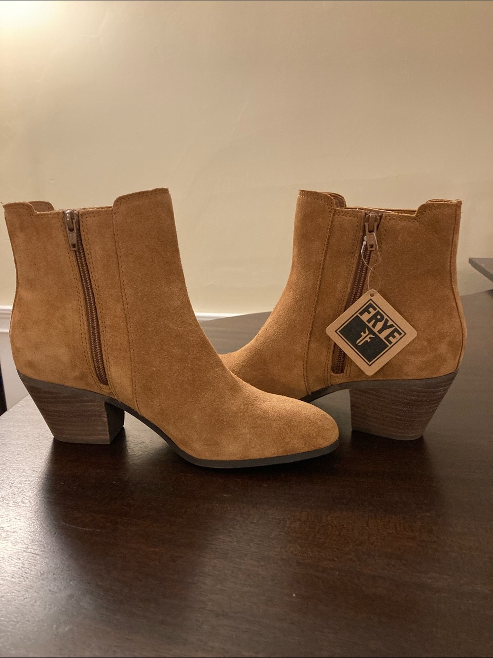 NWT Frye Cognac Suede Ankle Booties with Stacked Heel, Size 8.5 - Picture 2 of 4